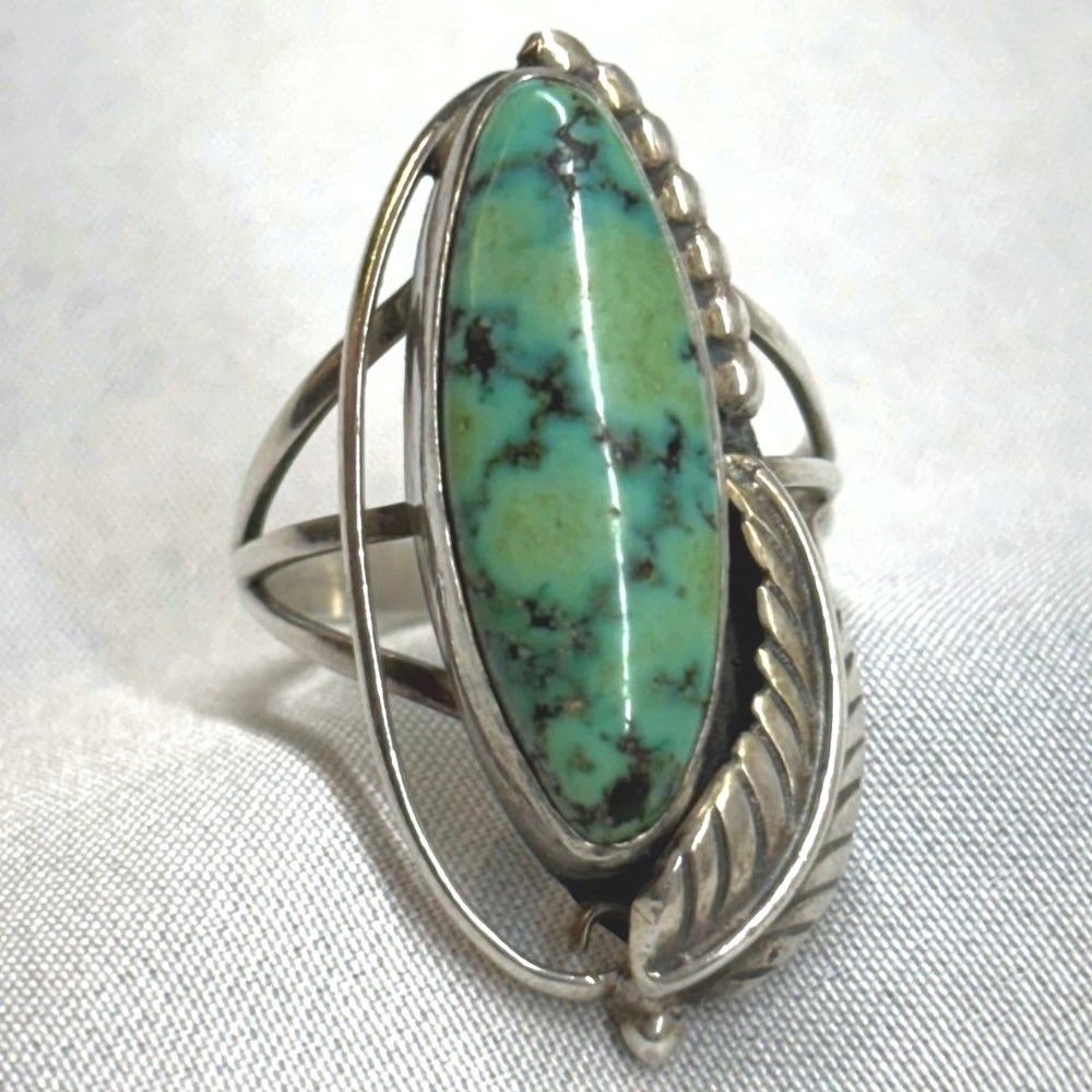 Unbranded Turquoise Ring Unisex 6.5 Green Excellent Sterling Silver Feather